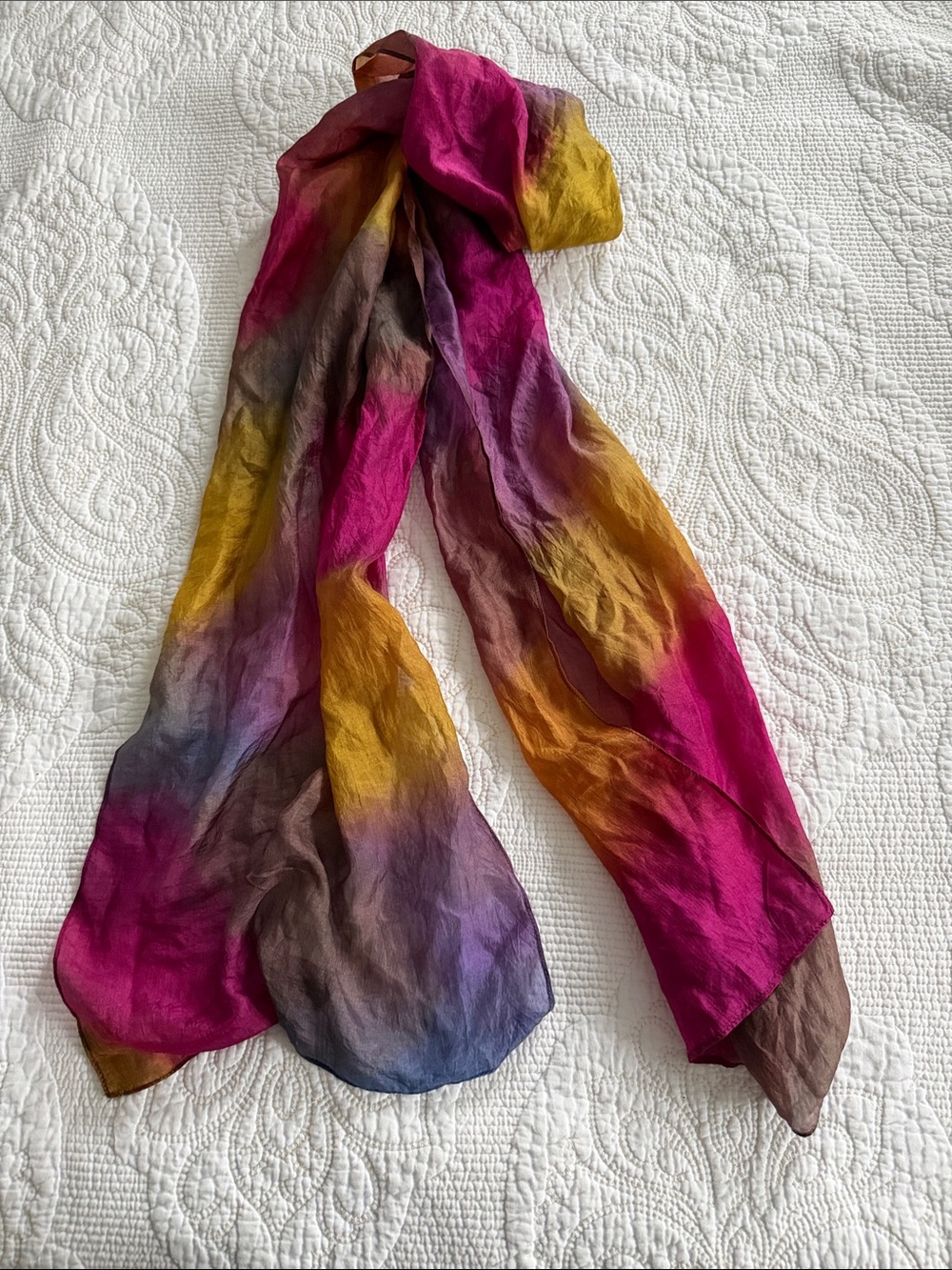Vintage 100% Caritas Silk Scarf Fuchsia Mustard Purple Brown Gradient Boho Luxe